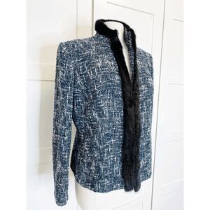 Les Copains Mink Fur Blazer Jacket Boucle L Emerald Green Black White